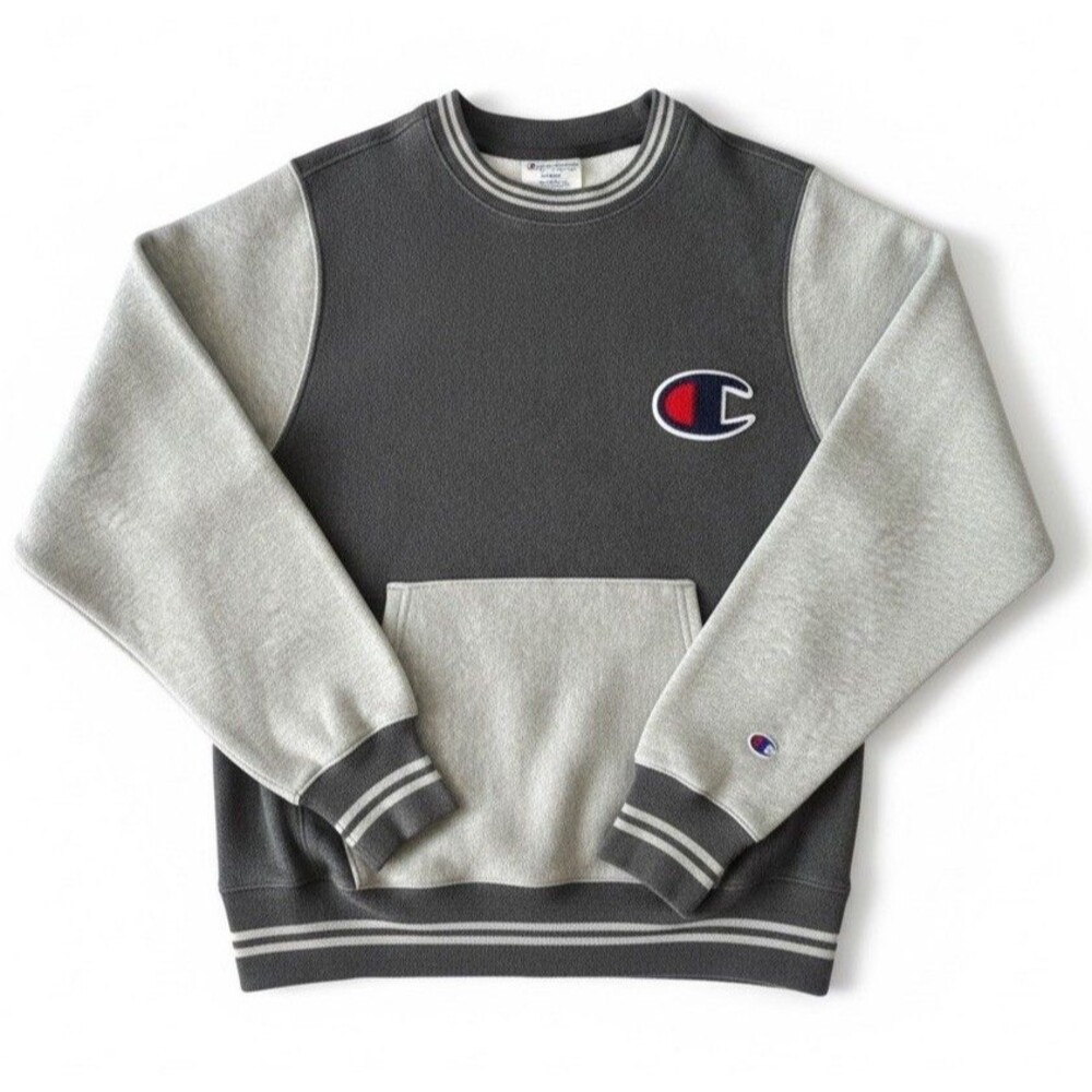 Champion Reverse Weave Sweatshirt Small Grey Colorblock Pouch Pocket HTF